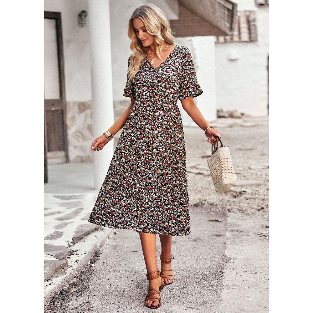 Elegantes V-Ausschnitt Kleid mit kurzen Ärmeln für den Urlaub