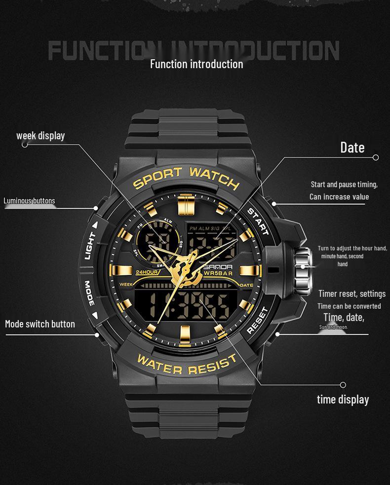 SANDA Men's Outdoor Sports Luminous Waterproof Dual Display Multifunctional Electronic Watch