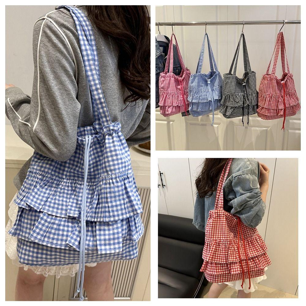 Korean Style Lotus Leaf Shoulder Bag Fashion Plaid Tote Bag Vintage Drawstring Bag  Storage Bag