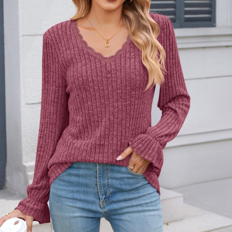 

Осень Однотонный В рубчик Вязаный Повседневный V-образный вырез Кружево Длинный рукав Базовый Топ XXL фуксия