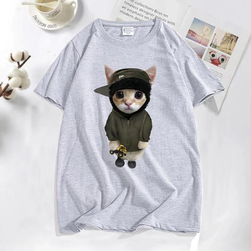 

Мужские футболки Yeat Kitty с тонка бобами Мужские смешные милые футболки с принтом кота Хлопковые футболки Футболки с коротким рукавом Оверсайз S серый