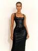 European & American Spicy Style Slim Low-Cut Leather Dress, Waist-Cinched, Hip-Hugging, U-Neck, Open-Back, Long, Sexy & Fashionable