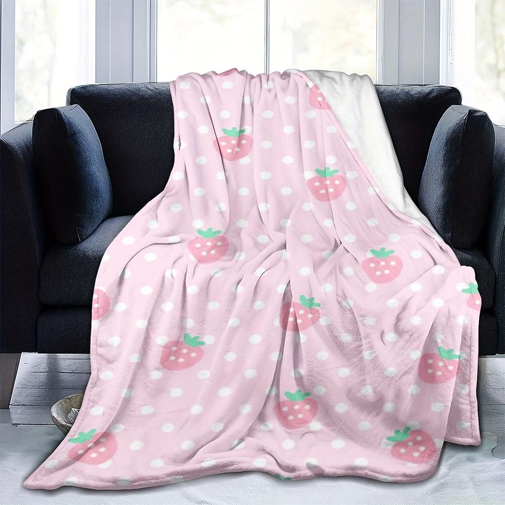 1Pc  Pink Strawberry Polka Dot Flannel Throw Blanket Soft Cozy Cute Kawaii Blanket For Bedroom Living Room Dorm Decor