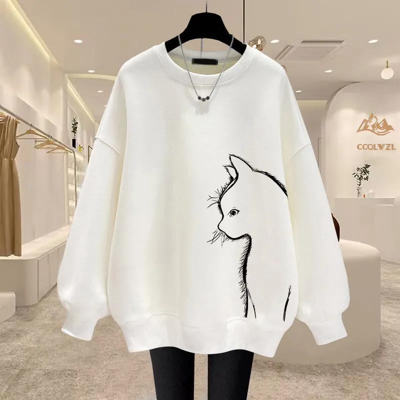 Autumn Winter Casual Printing Vintage O-neck Loose Sweatshirts Women Clothes Solid Color Long Sleeve Pullover Top