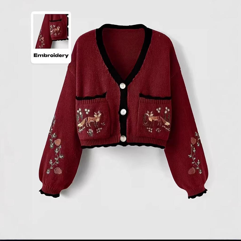 Women's Dark Green Knit Cardigan with Fox Embroidery and Puff Sleeves