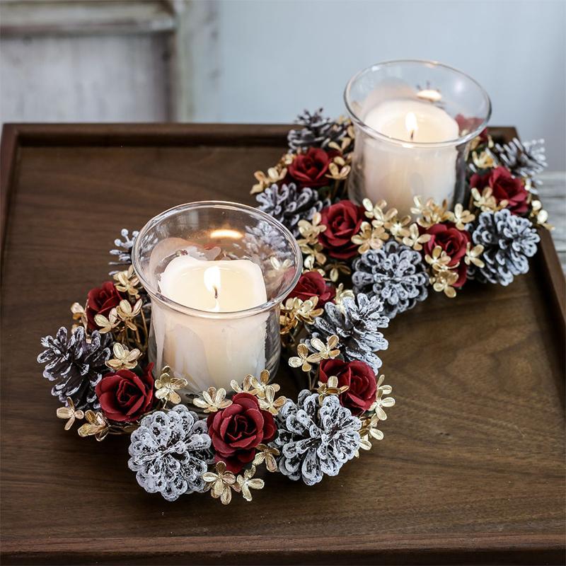Christmas Candlestick Wreath Artificial Flowers Pinecone Garland Candle Holder Decorations Xmas Candle Ring New Year Table Decor