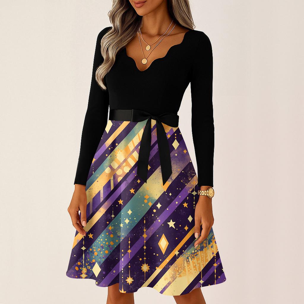 Dámské ležérní módní šaty s výstřihem do V, dlouhým rukávem, s potiskem, vintage, dlouhé