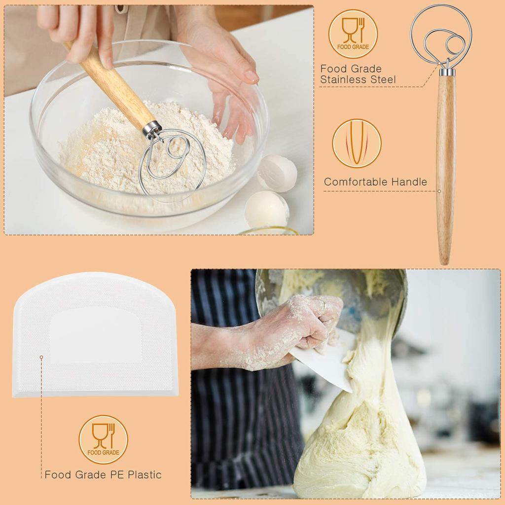 Brödbakningsverktyg inklusive dansk degvisp, degskrapa, jäskläde, brödkniv med 5 utbytesblad