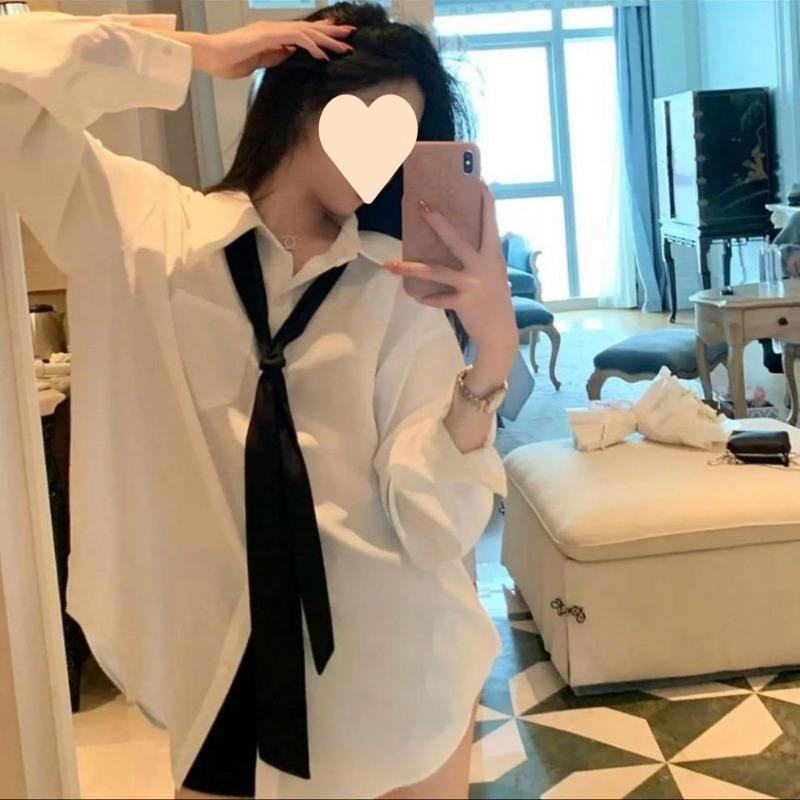 Women's Oversized Lazy Style Long Sleeve Shirt White Casual Blouse for Spring and Autumn, Loose Fit Comfortable Shirt , No Tie Included
