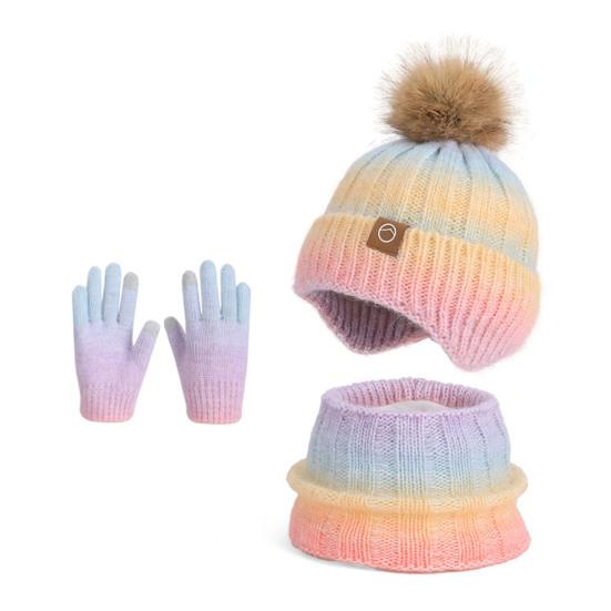 3Pcs/Set Kids Winter Knitted Scarf Gloves Set Pom Pom Ball Rainbow Color Brimless Hat Touchscreen Gloves Neck Warmer Set