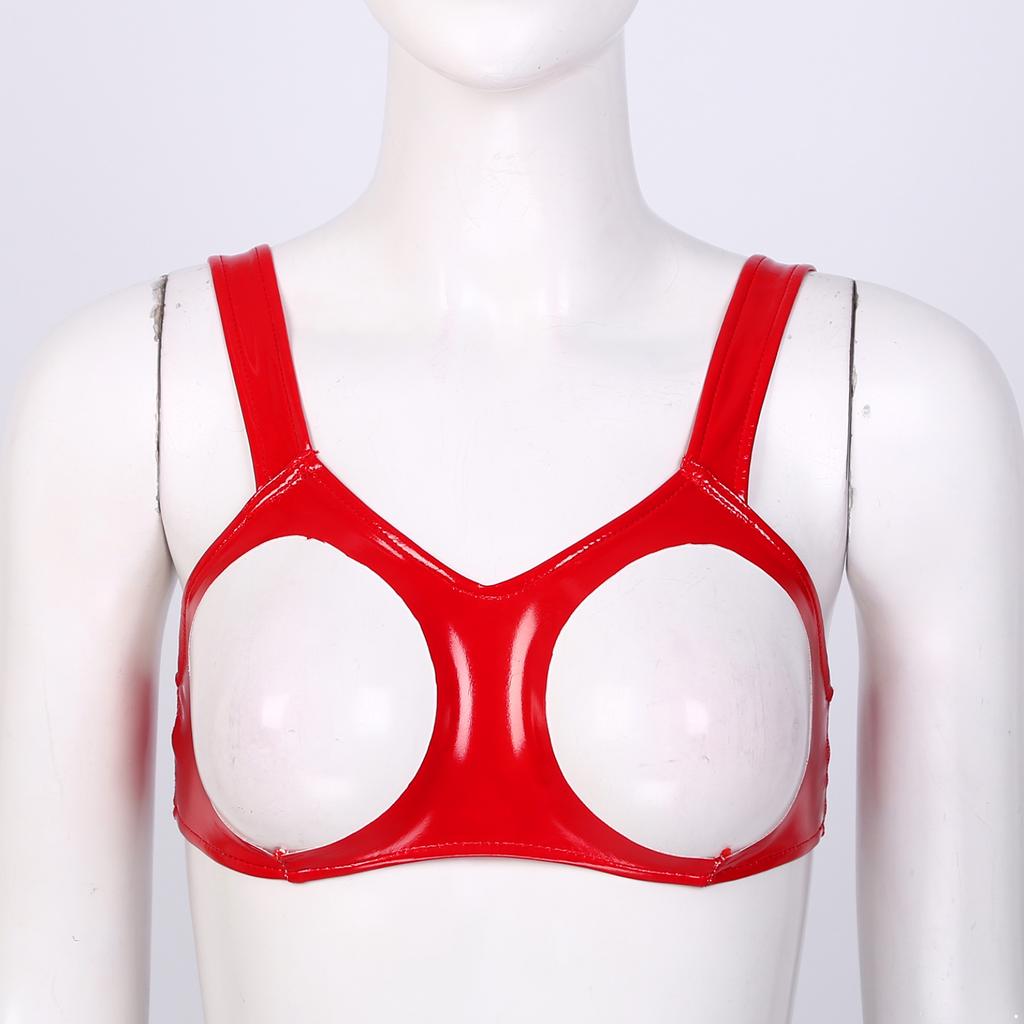 Womens Wet Look PVC Leather Bralette Wireless Bikini Bra Tops Nightwear Tank Crop Tops