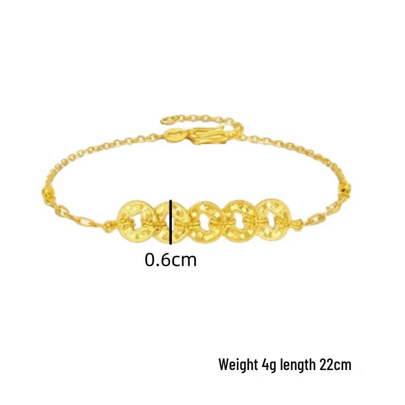 Gold-Plated Crushed Ice Five Emperor Coins Bracelet: Women's Light Luxury, Niche High-End Style for Wealth and Good Fortune.