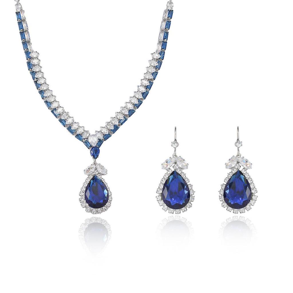 Trendy Blue Water Drop Zircon Earrings & Necklace Set