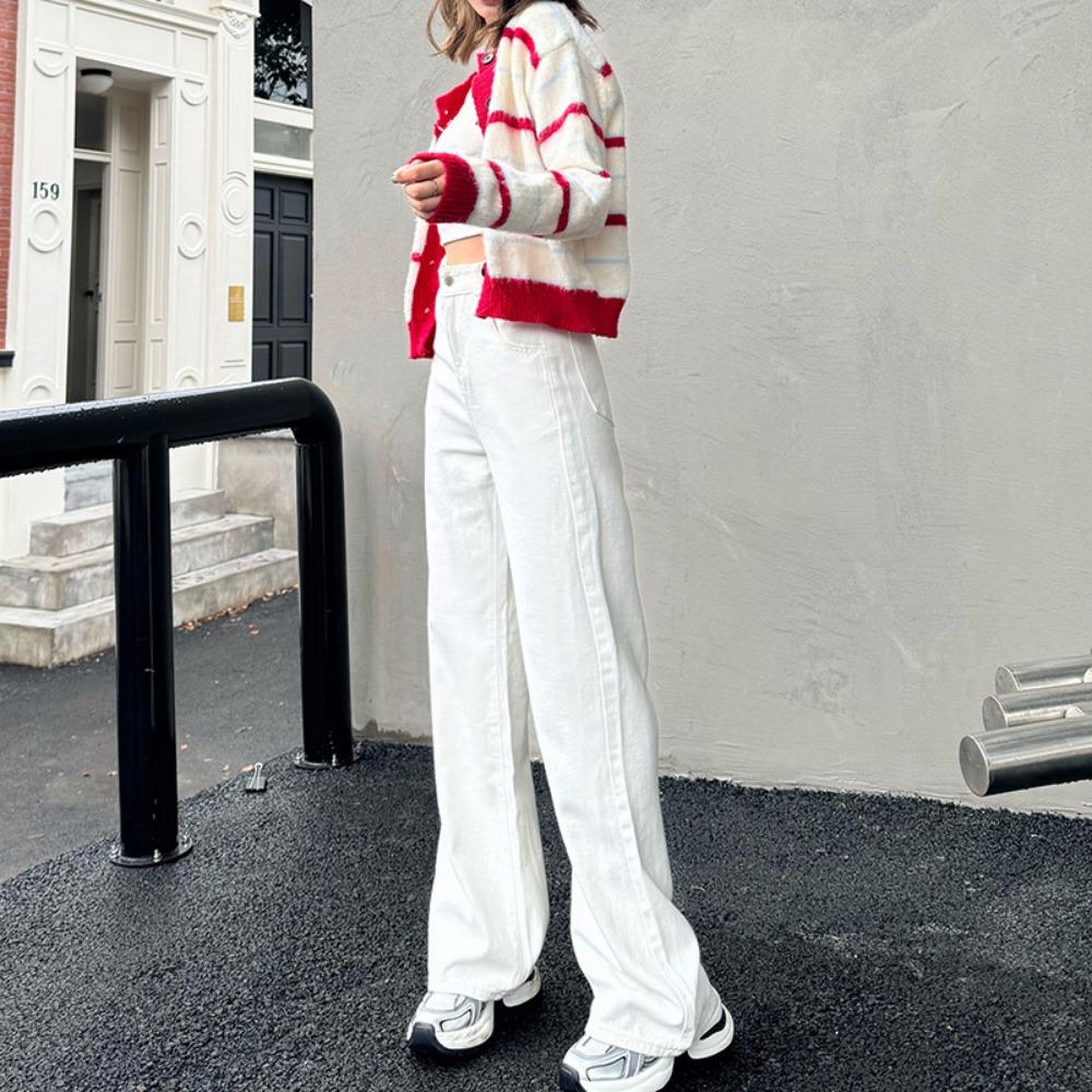 Korean Version of Simple High-waisted Loose Wide-leg Pants Versatile Drape Straight-leg Pants Jeans Women's Ins Denim Trousers Tide