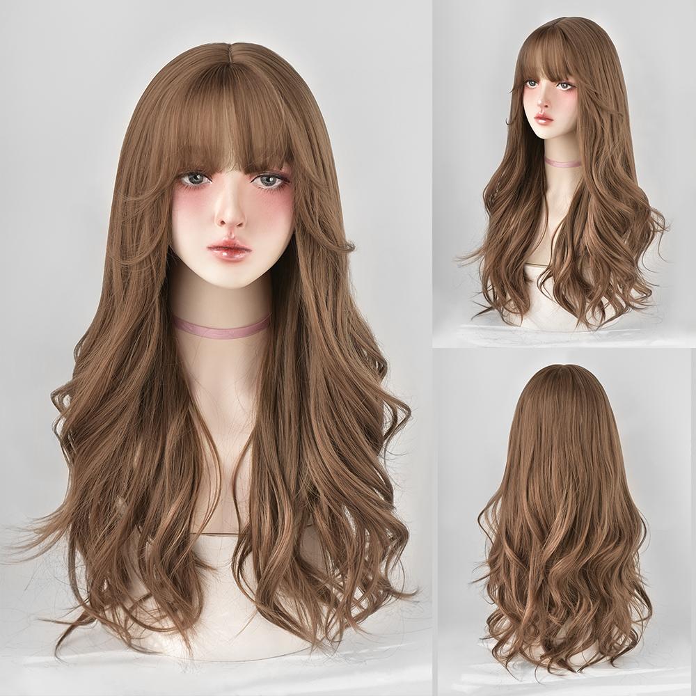 Lange Lockige Haare Damen Perücke mit Pony Täglich Braun Schwarz Rosa Lolita Cosplay Geflochtene Perücken Hitzebeständige Faser Party Kunsthaar
