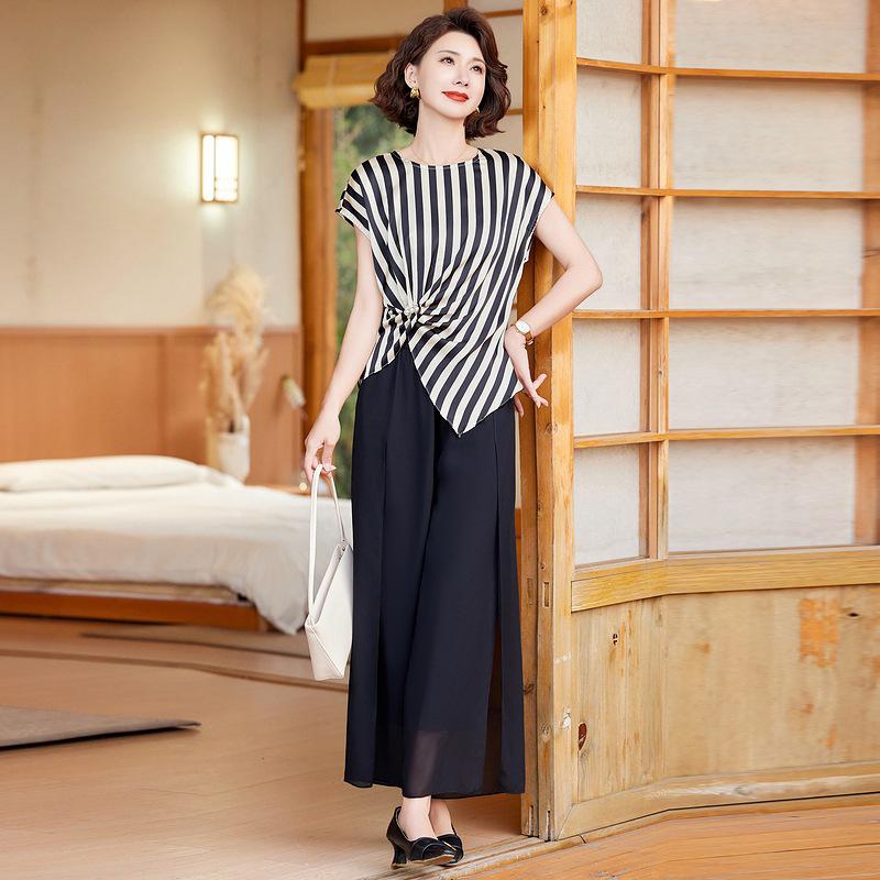 Striped Button-Up Top & Slit Wide-Leg Pants Two-Piece Set for Moms – Summer Casual