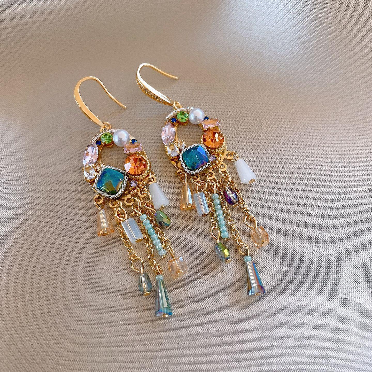 Retro ethnic style zircon round glass fringed earrings ear hooks exquisite heavy industry earrings