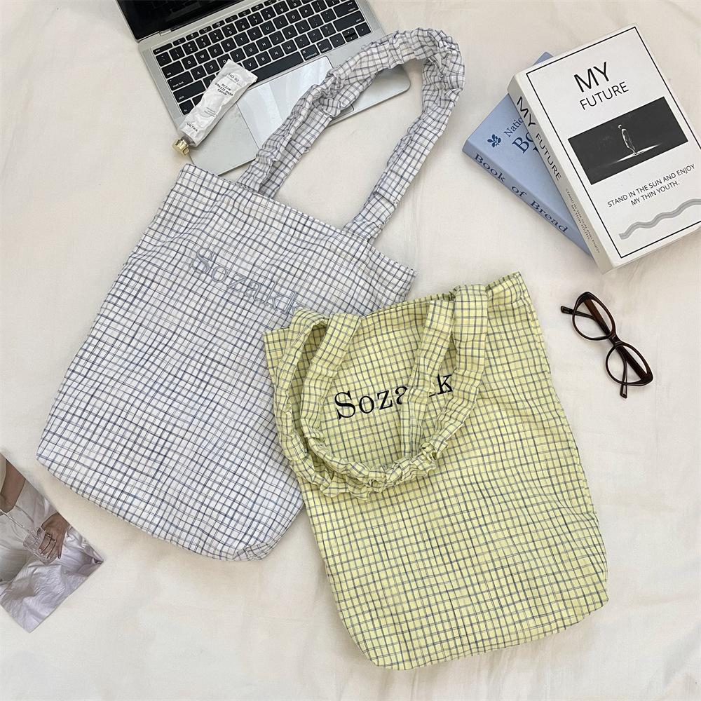 Sweet Canvas Bag Tote Bag Autumn Large Capacity Fashion Printed Plaid Contrast Shoulder Bag