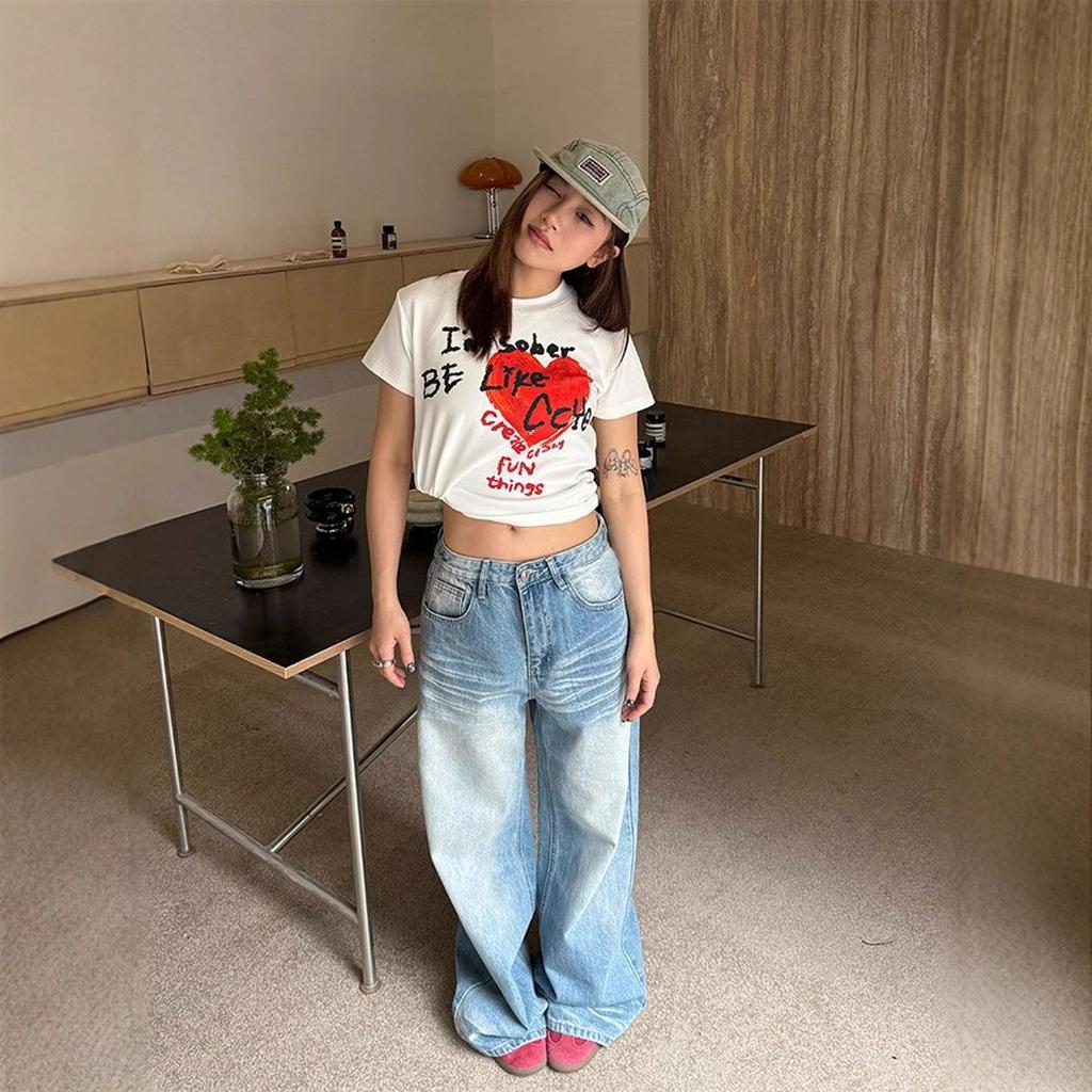 Design Sense Creases Doing The Old Washed Jeans Women Loose Wide Leg Pants High Waist Drag Floor Long Pants Jeans for Women Long Denim Pants