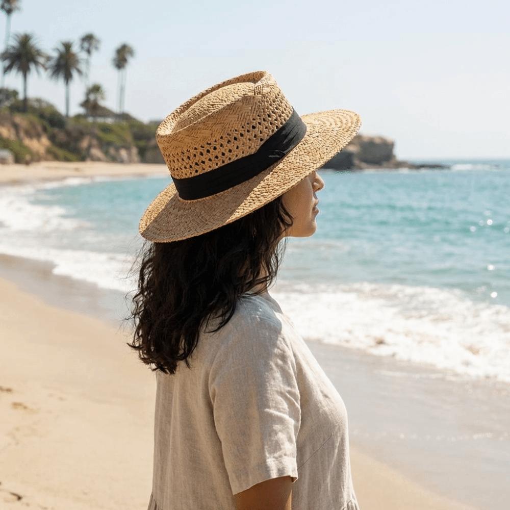 Fashion Wide Brim Hollow Straw Hat Cloth Buckle Sun Protection Western Cowboy Hat Panama Hat French Style Visor Cap Travel