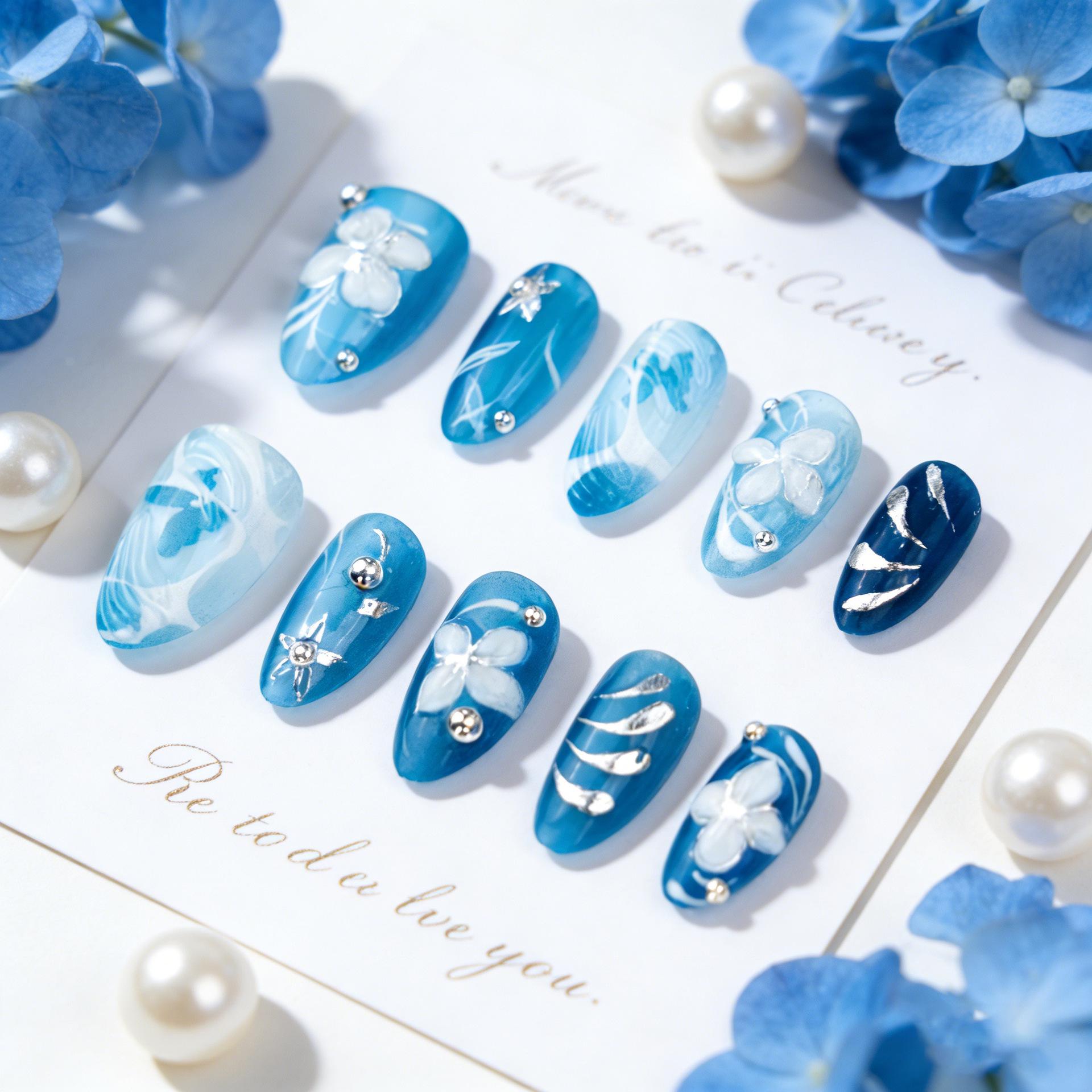 Blue Ocean Gold Foil Almond Press-On Nails with 3D Floral and Diamond Accents, 30-Piece Set Finished Strips (3 Sets Full Rhinestone)