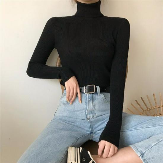 Women's Long-Sleeve Knitted Turtleneck Sweater - Slim Fit Solid Color Pullover for 2024 Autumn/Winter.