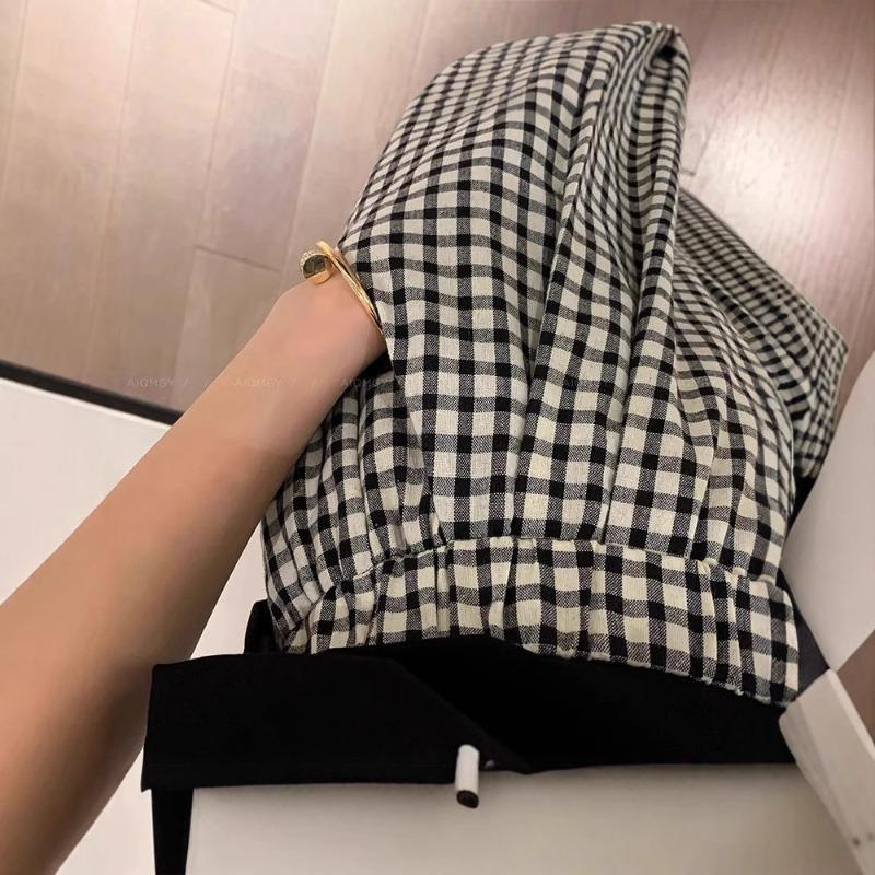 Retro new plaid nine-point slightly wide casual wide-leg pants women's thin and versatile high-waisted fashion sports straight pants