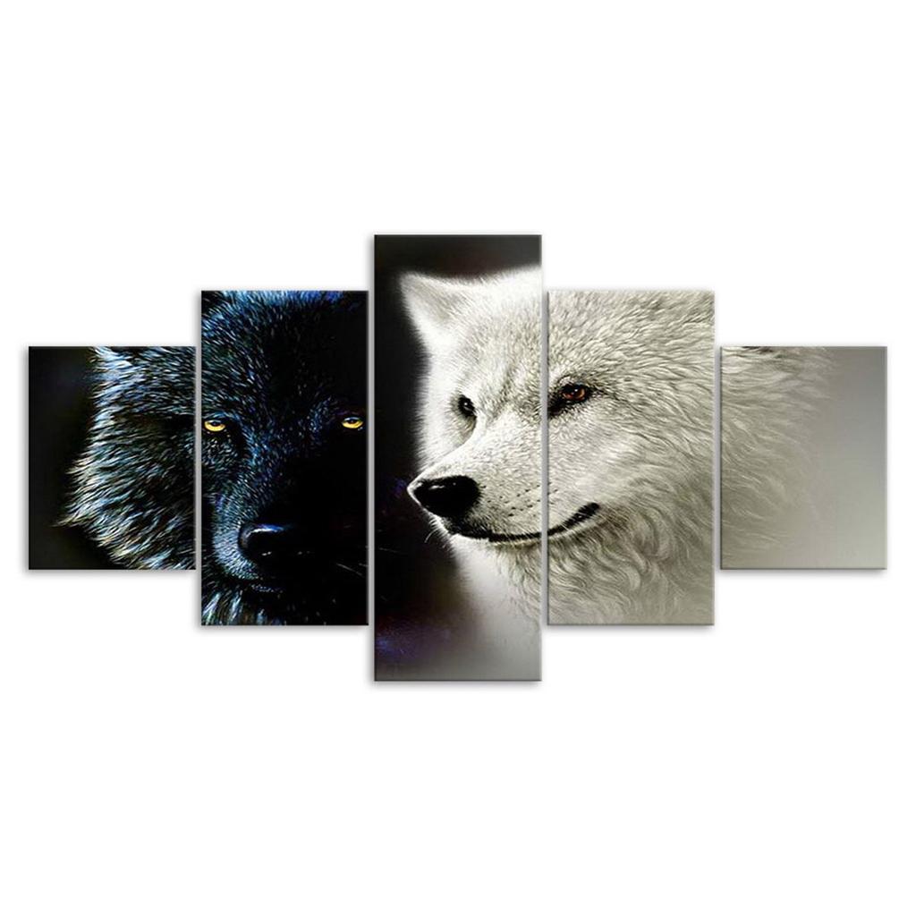 Black and White Wolves 5 Piece Canvas Wall Art Multi Panel Print Modern Wolf Wild Animal Poster Home Decor Pictures Gift For Him For Her
