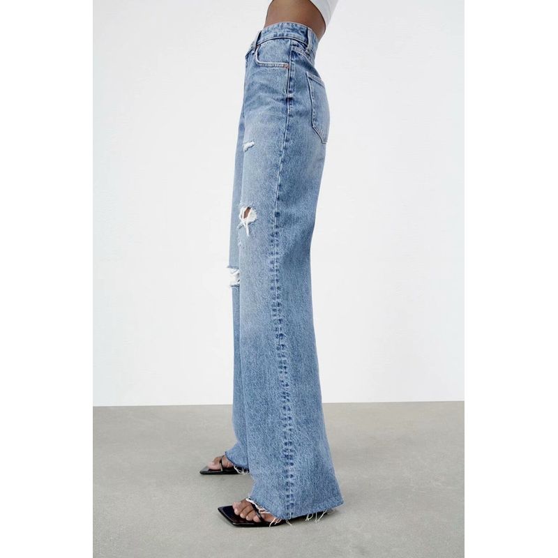 Za2025 Same Style European and American Women's Clothing Fall New Arrival Street Style Perforated Hole Decoration Wide Leg Long Denim