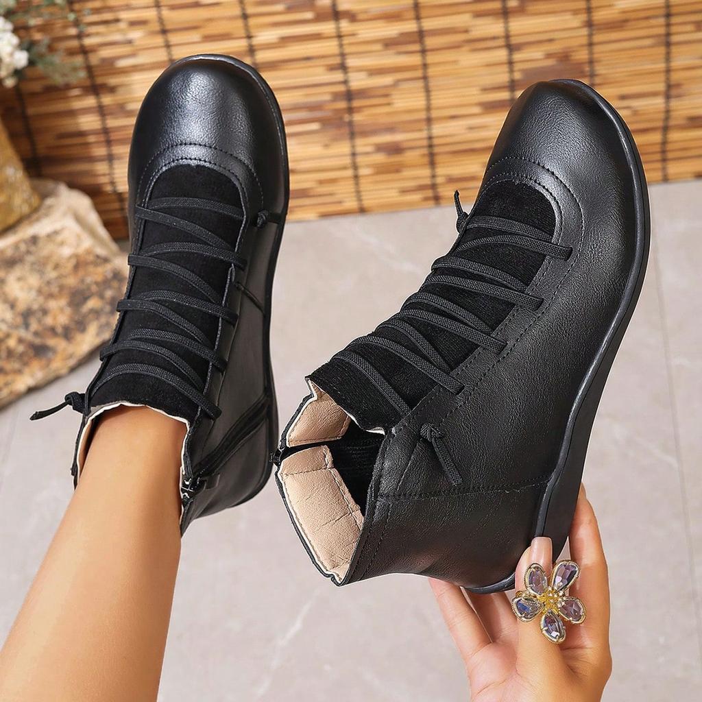 Women'S Autumn Winter Pu Leather Ankle Round Toe Lace Up Retro Work Shoes Woman Comfortable Flat Heel Casual Short Boots 43
