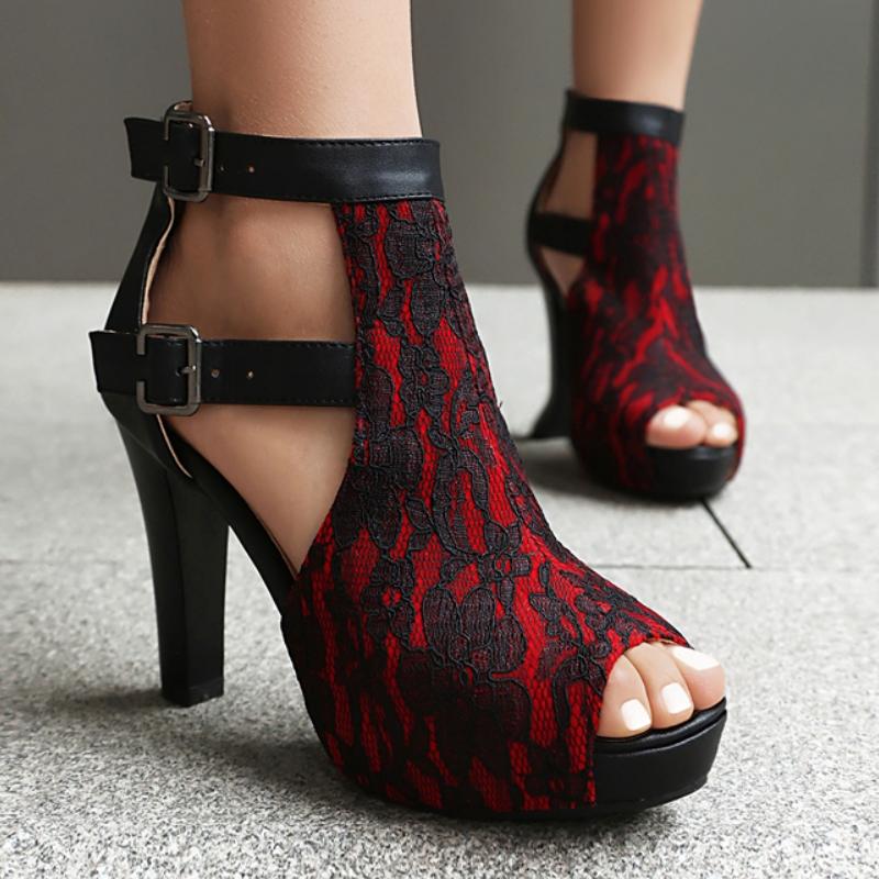 Peep Toe Women's Sandals Summer Shoes 2025 Buckle Cut-outs Black Lace High Heels Gladiator Party Dance Shoes Large Size