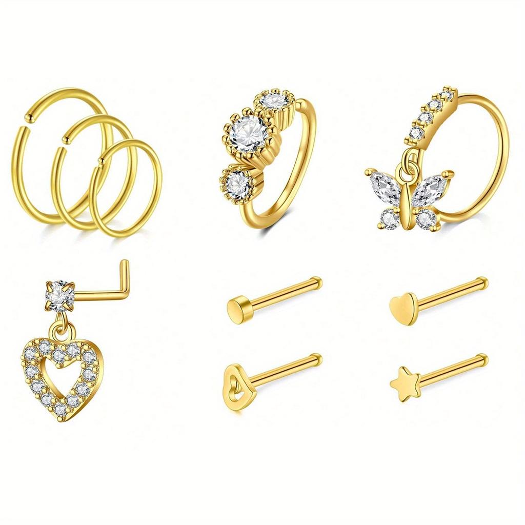 10pcs 20G Stainless Steel Nose Jewelry Set,Nose Piercing Rings with Zirconia, Heart Pendant, Straight Bar, Hoops