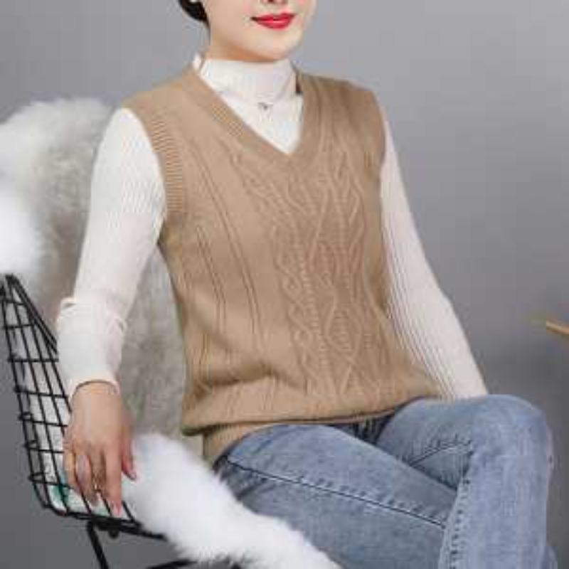 Autumn and Winter Women's Knitted Vest V-neck New Splicing Pullover Fashionable Solid Color Versatile Casual Sleeveless Sweater