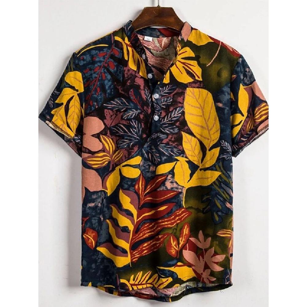 Sommer Herren Retro Bedrucktes Muster Kurzarm Revers Knopf Mode Lässig Mantel Hemd Übergroße Kleidung