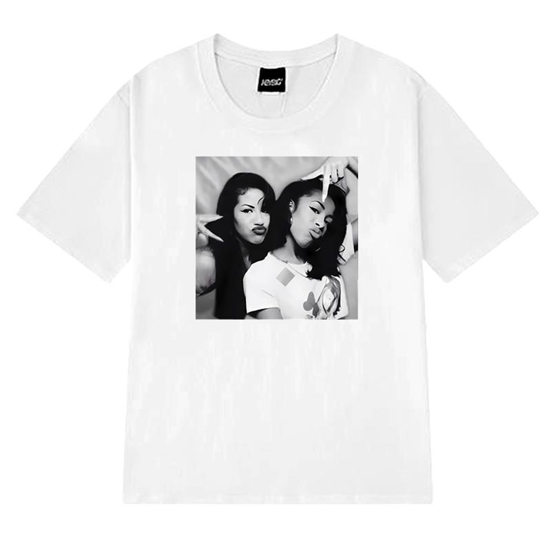 Fashion Aaliyah n Selena printed Graphic street Hip Hop Tee shirt 100 Cotton Unisex Women short sleeve Tshirts vintage Unisex Top