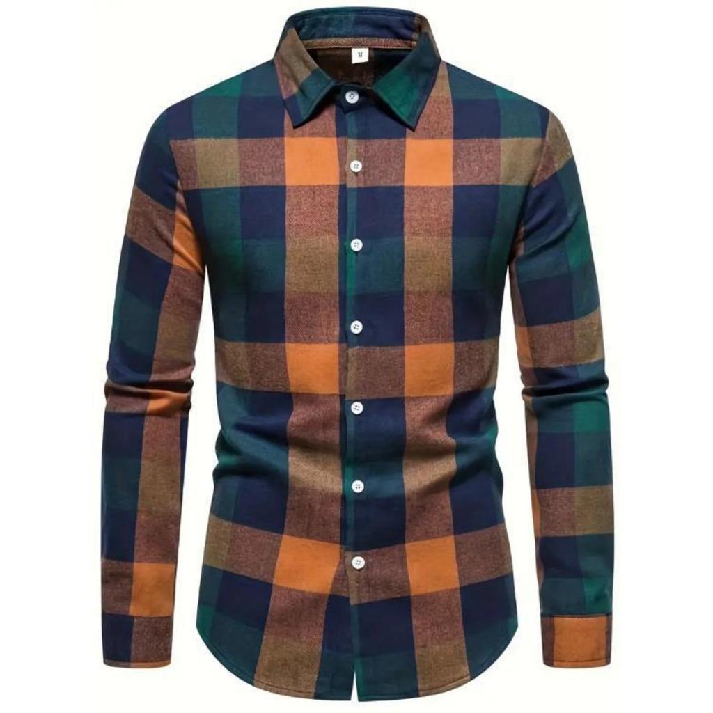 Men's Casual And Trendy Digital Printed Checkered Long,sleeved Lapel Button,down Shirt