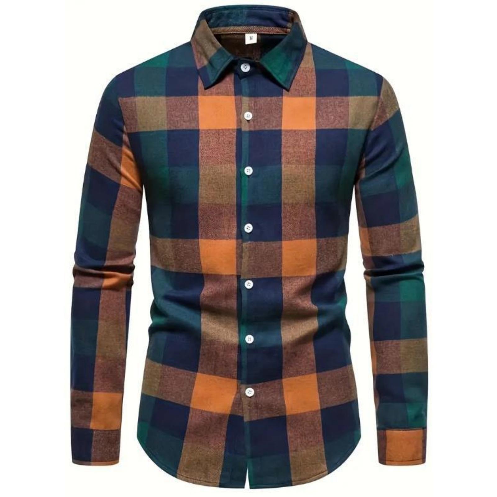 

Men s Casual And Trendy Digital Printed Checkered Long-sleeved Lapel Button-down Shirt L