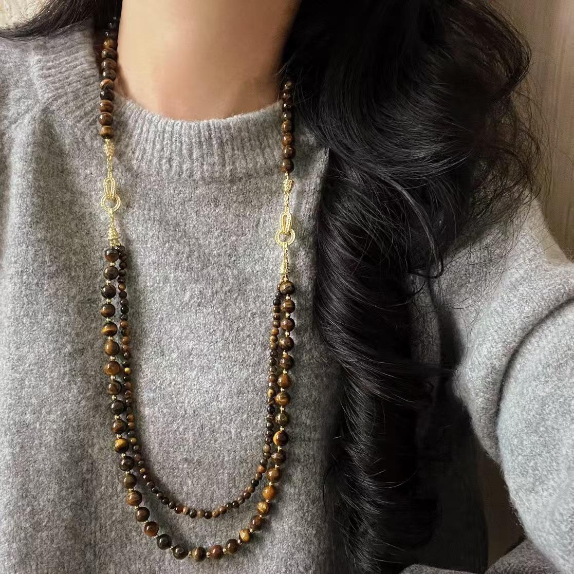 

Boutique Retro Design Sense Removable Variety Of Wear French Maillard Natural Tiger S Eye Stone Sweater Chain Necklace