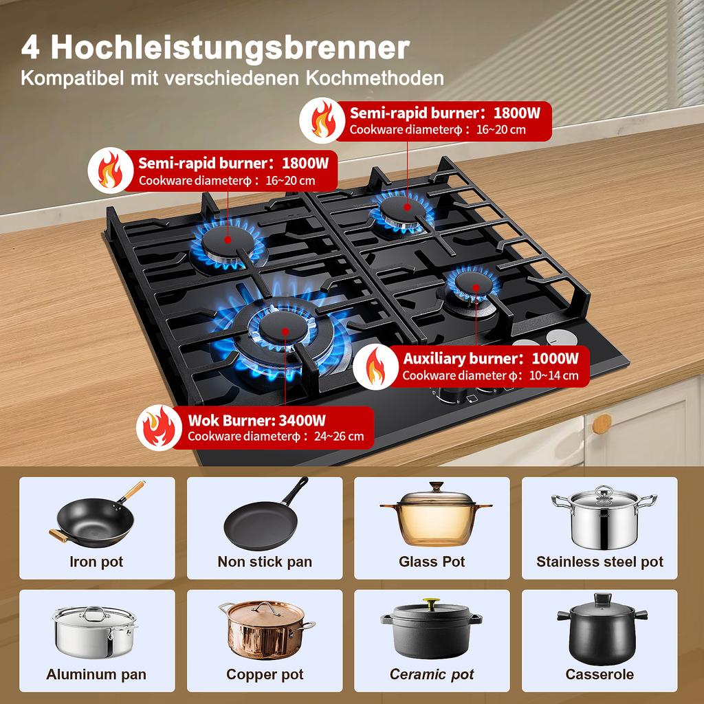 Gas Hob 4 Burners,60cm Black Glass Gas Hob,Built In Gas Cooktop with Cast Iron Supports,Gas Hob Cooker with Flame Out Protection