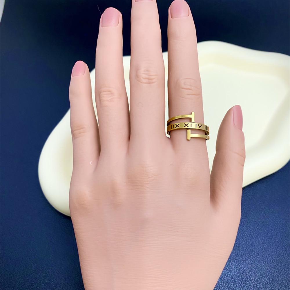 European-American Adjustable Roman Numeral Ring: Gold-Plated Stainless Steel Fashion for Women