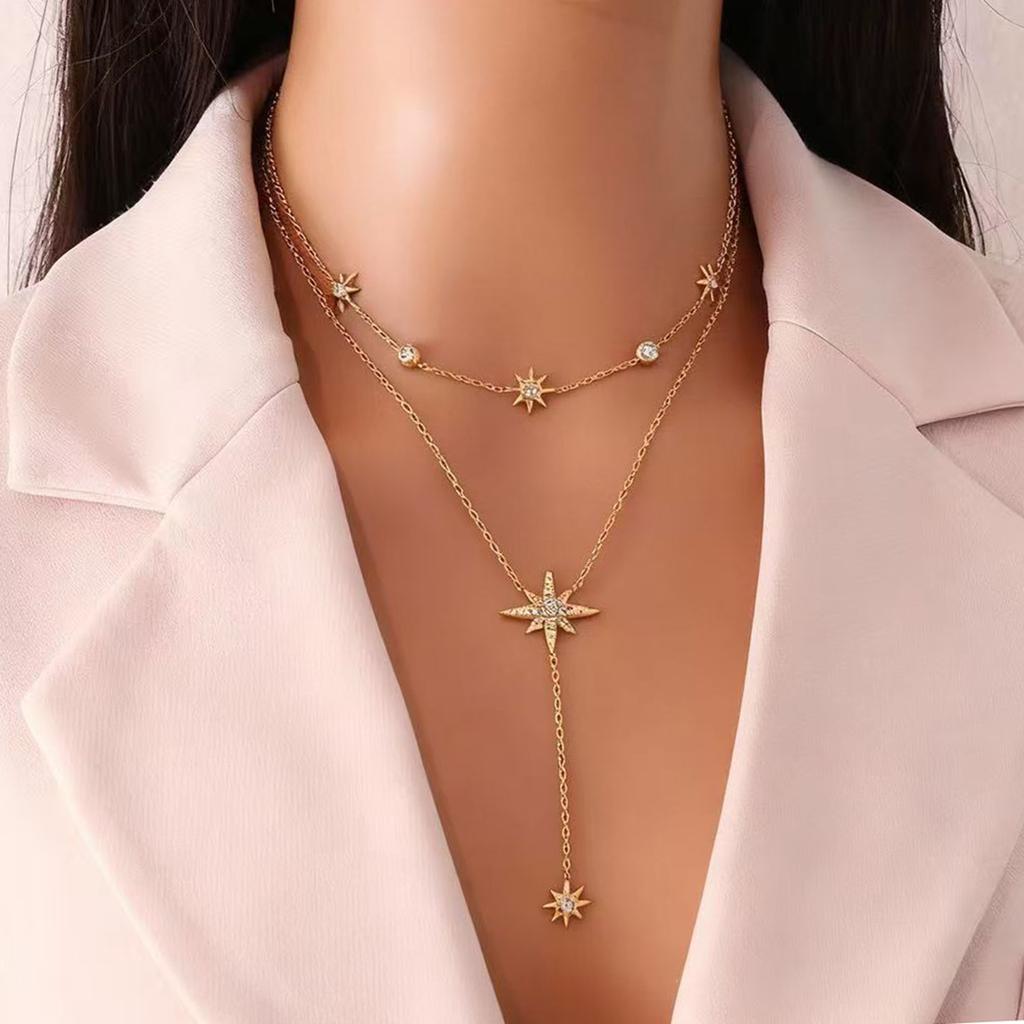 Long Y-shaped stainless steel necklace with eight-pointed star pendant, elegant clavicle chain jewelry