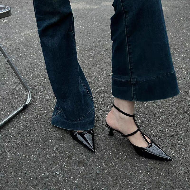 2025 Spring and Summer New Patent Leather Cross Strap Pointed Heel Middle Heel Single Shoes Empty Bag Head High Heel Sandals