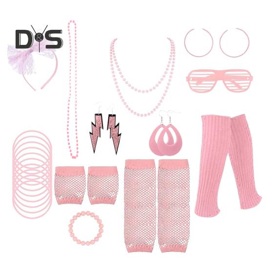 80s Neon Costume Accessories Set Knitted Leg Warmers Headband Gloves Earrings Bracelet Beaded Necklace Set Fancy Party Accessories