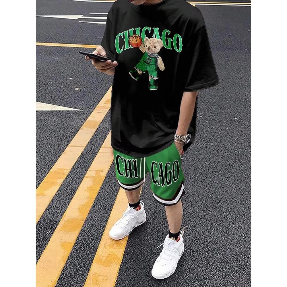 Cartoon Bear 3D Printed Men's Round Neck Short Sleeve 2-piece Set Urban Street Trendy Men's Top Outdoor Men's Drawstring Shorts