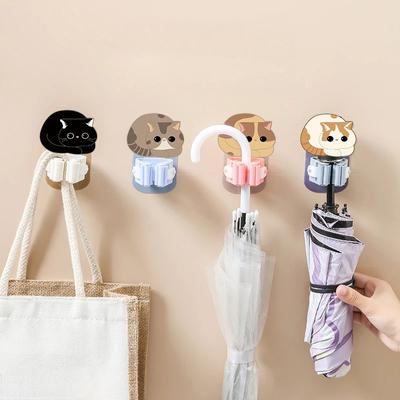 Wall Mounted Hooks Mop Organizer Holder Adhesive Cute Cat Multi-Purpose Room Hanger Strong Hooks for Kitchen Bathroom Broom Clip