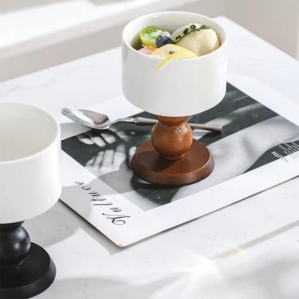 2Pcs Delicate Wood Dessert Bowls Retro Tall Candlestick Stand Vintage Ceramic Goblets  Restaurant