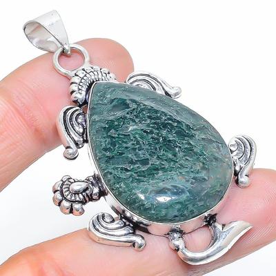 Natürlicher Indischer Moosachat Edelstein 925 Sterlingsilber Anhänger 2,29" r5T45