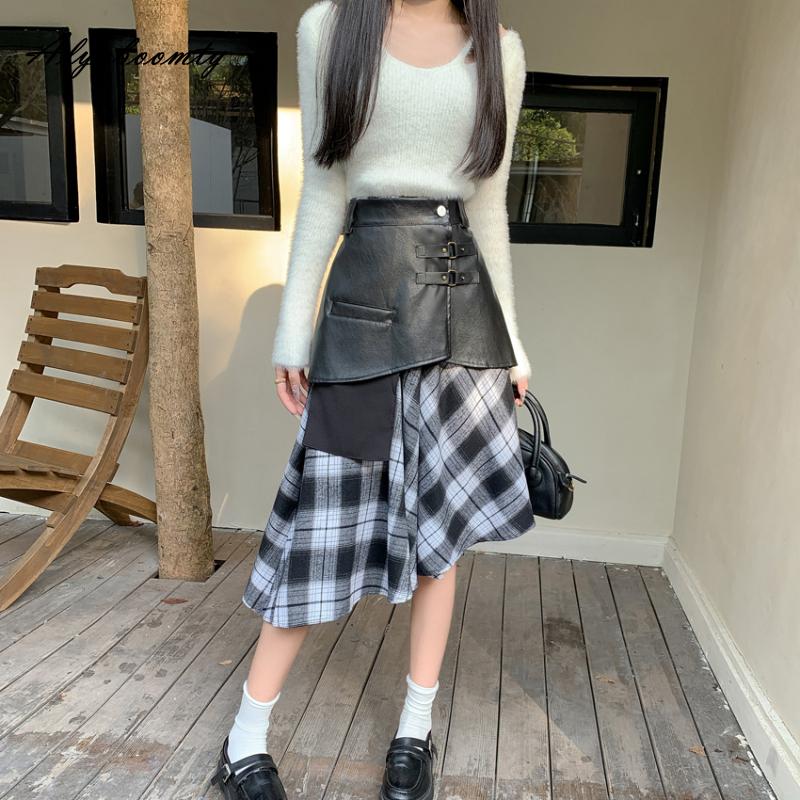 Korean Style Autumn Winter Women Stylish Skirt Black Brown Woolen Plaid Patchwork PU Skirt Elegant Feminine 2 Pcs Skirt