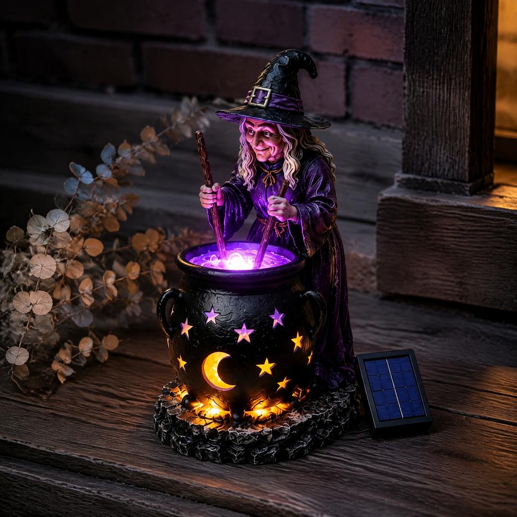 Dark Atmosphere Night Light Solar Witch Statue with Glowing Cauldron, Outdoor Halloween Garden Light, Party Decorations Resin Decorative Figurine