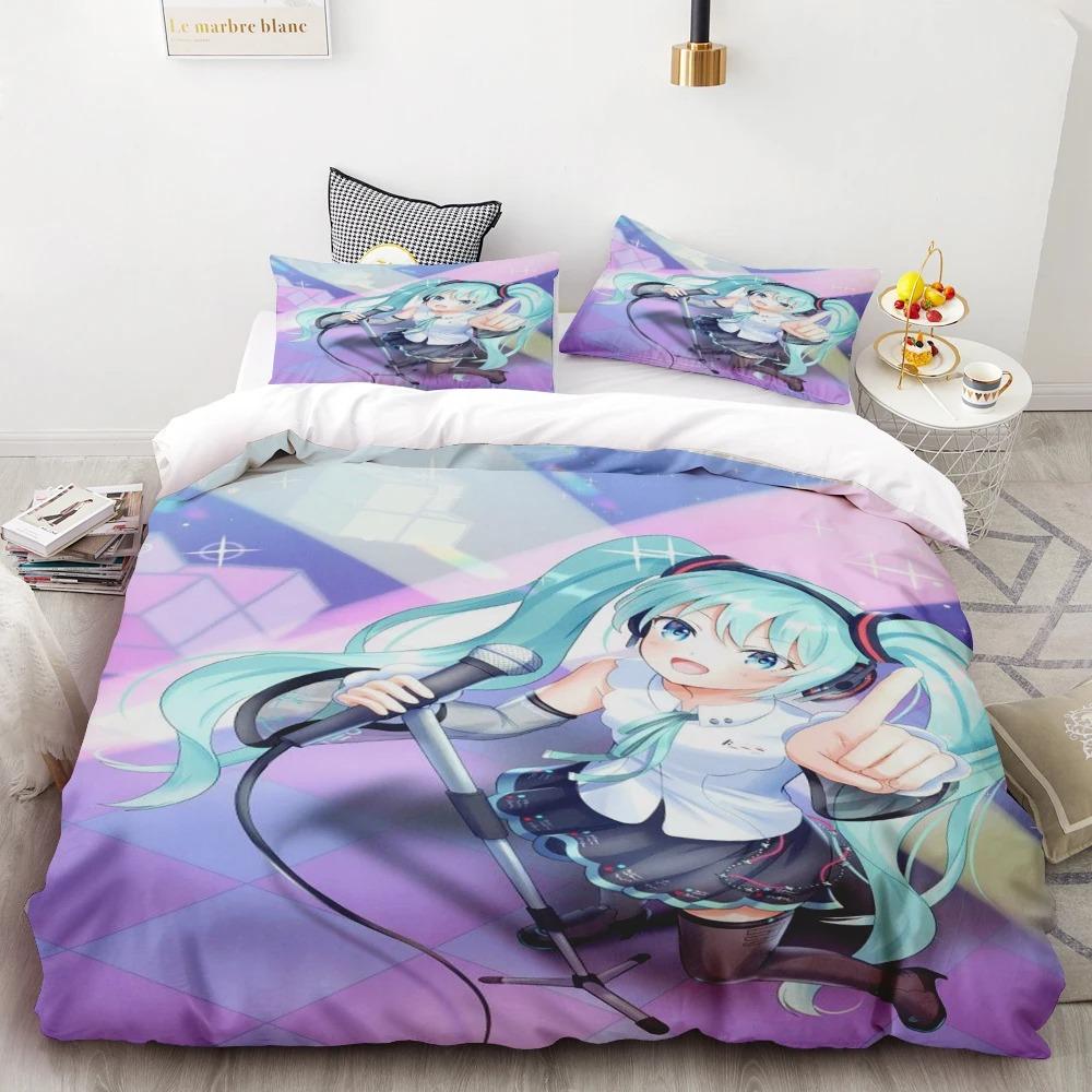 Duvet Cover Hatsune Miku Anime Singer Beautiful Girl Bedding Set Cartoon with 1/2 Pillowcase for Women Men Teens Bedroom